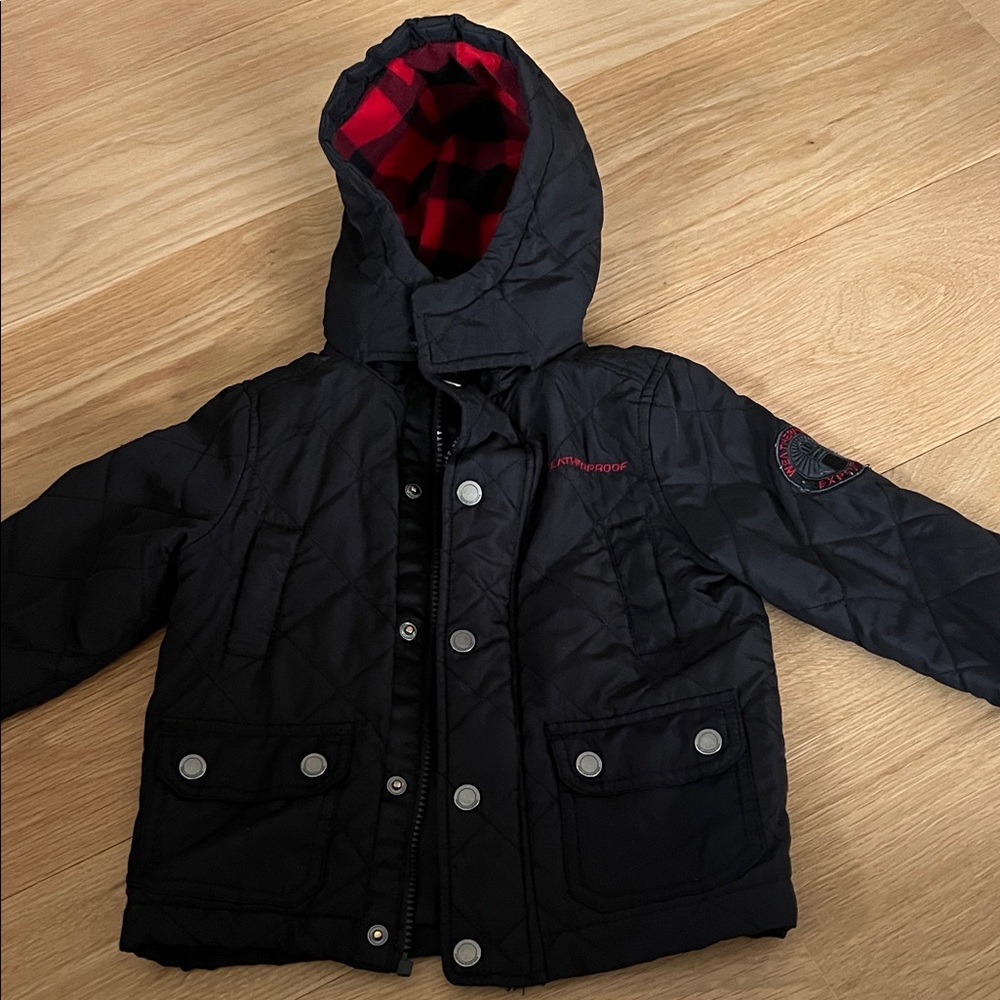 Black Weatherproof coat in 3T with red plain hood liner